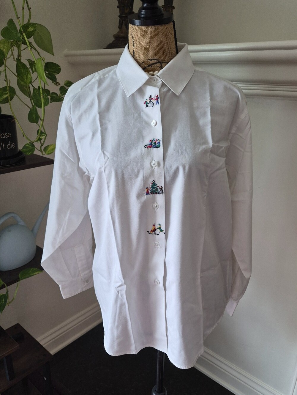 Talbots Petites White Holiday Themed Shirt with Colorful Embroidered Detail.